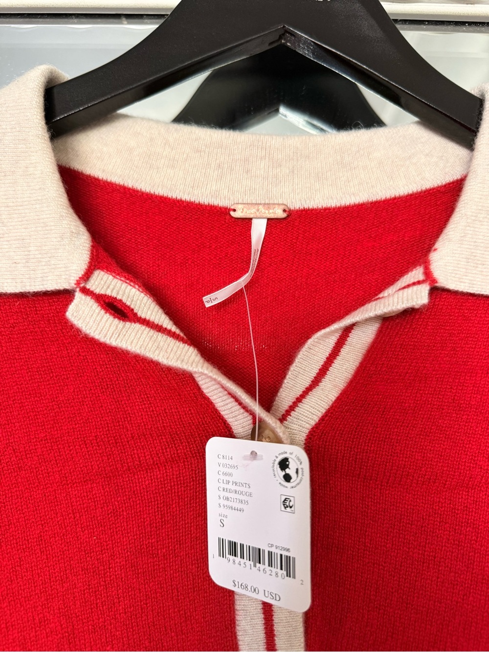 Free People Red Cashmere Sweater with Cream Trim - Picture 2 of 7